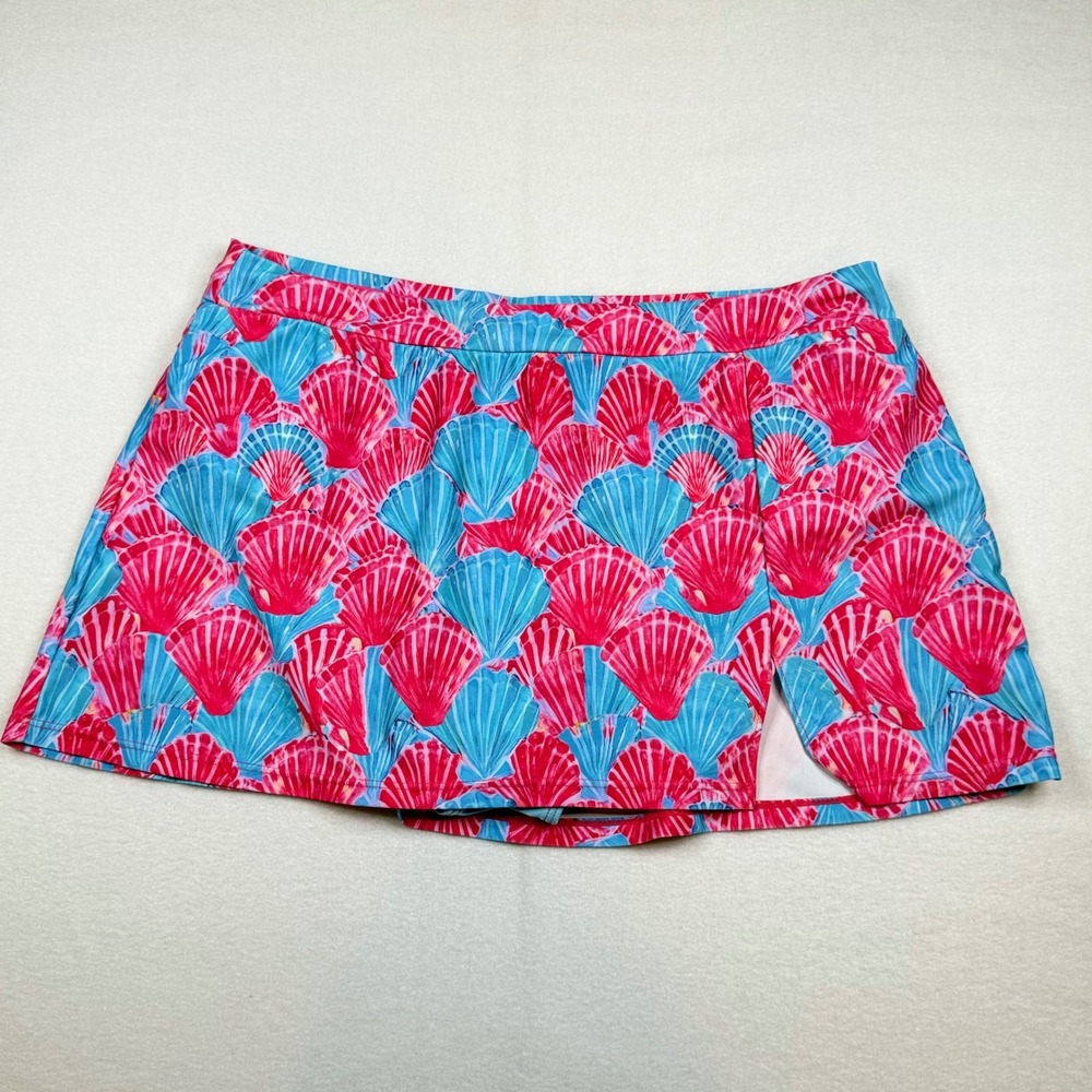 Pink and Blue Seashell Print Swim Skirt with Built-in Brief Size Large